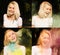 Collage of images with laughing blonde woman celebrating Holi fe