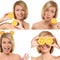 A collage of images with a woman with oranges