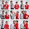 The collage from images of young businessman and businesswoman on gray background