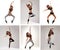 A collage of images with young jumping women