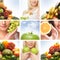 A collage of images with young women and fruits