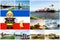 Collage of the Kiel Canal with various ships and sailor with seagull