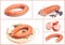 Collage with Krakow sausage isolated on white background