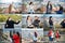 Collage of landmarks of Prague and beautiful tourists making selfie, Czech Republic