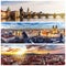 Collage of landmarks of Prague. Charles bridge, Cathedral of Saint Vitus, Orloj Astronomical Clock, Church of our Lady Tyn in old