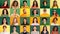 Collage of large group of ethnically diverse smiling people, men and women expressing happy, joyful emotions over green