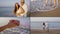 Collage of a love couple, a bald man and a dark-haired middle-aged woman, they are on a sandy beach by the sea, laughing