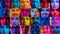 Collage made of close-up portraits of different people, men and women looking at camera against multicolored background