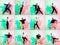 Collage made of dynamic portraits of teens, boys dancing hip-hop in stylish clothes on colored studio background with