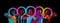 Collage made of multiethnic young people standing together isolated on dark studio background in multicolored neon light