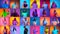 Collage made of portraits of different men and women raising finger up against multicolored background in neon light