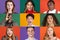 Collage made portraits of group of multiethnic people on multicolored background, collage, artwork. Close-up