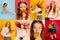 Collage made of portraits of happy young girl in different fashion style clothes over multicolored backgrounds. Banner