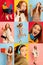 Collage made of portraits of happy young girl in different fashion style clothes over multicolored backgrounds. Banner