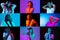 Collage of made of portraits of surprised, shocked girls isolated on colored backgorund in neon light. Concept of