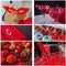 Collage made of six photos in red colors. Woman holding carnival mask, red cocktail in glasses, donuts, ring, berries, red retro