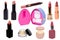 Collage of make up cosmetics and tools. Set of various open jars or bottles with cream for face, various lipsticks and a opened