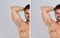 Collage of man showing armpit before and after epilation on grey background