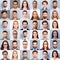 Collage of many diverse, multi-ethnic people`s close up heads, beautiful, attractive, handsome, pretty expressing concentrated, t