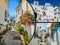 Collage of Mijas with flower pots in facades. Andalusian white village. Costa del Sol