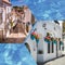 Collage of Mijas with flower pots in facades. Andalusian white village. Costa del Sol