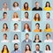 Collage of millennial people portraits with smiling faces, blue backgrounds