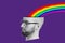 Collage of modern art. The concept of information content.A man`s head with glasses and a beard, in which the rainbow stream is