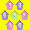 Collage of modern art. The plaster heads of the sculptures are in the houses on a yellow background. Concept social distance,