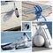 Collage of modern sailing boat stuff - winches, boat fenders