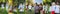 Collage. Multiethnic group of kids, little girls and boys strolling together at the park in summer day. Childhood