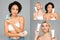 Collage of multiethnic women holding cosmetic