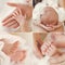 Collage of a newborn baby in his mother\'s arms.