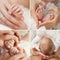 Collage of a newborn baby in his mother\'s arms.