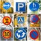 Collage of nine european traffic road signs
