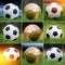 Collage of nine soccer balls on green grass