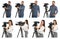 Collage of operators with video cameras on white background. Banner design