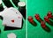 Collage of pack of cards with casino chips and dice on green background