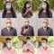 Collage of people wearing protective facial mask and face shield while thinking and using phone