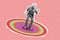 Collage photo bright sketch of senior retired old man dancing on colored circles dance floor have fun isolated on pink