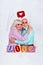 Collage photo greetings postcard valentine day elderly pensioners couple hugs together painted hearts eyes love together