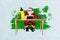 Collage photo of old senior santa claus sitting with typing machine writing new poem about his long live isolated on