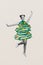 Collage photo picture of youngster girl funky dancing jumping celebrate doodle green xmas tree with baubles adornment