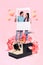 Collage photo romance concept positive couple two people hold paper frame take shot retro camera from valentine day trip