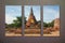 The Collage Photo of Ruin Ayutthaya Brick Temple in Sunny Day on Abstract Gray Wall Background made by Photoshop, Vintage Style