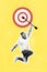 Collage photo of young funny crazy man excited jump hold player darts vacation carefree arrow target isolated on yellow