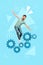 Collage photo of young funny man walk mechanism engine excited walk gear automation isolated on blue color background