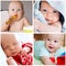 Collage of photos baby child daily routine, development, employment and activity.