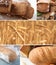 Collage of photos with fresh bakery products and wheat ears