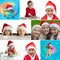 Collage of photos of happy children in New Year`s costumes. Little girls in santa claus hats. Merry christmas concept