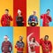 Collage with photos of men and women in different Christmas sweaters on color backgrounds